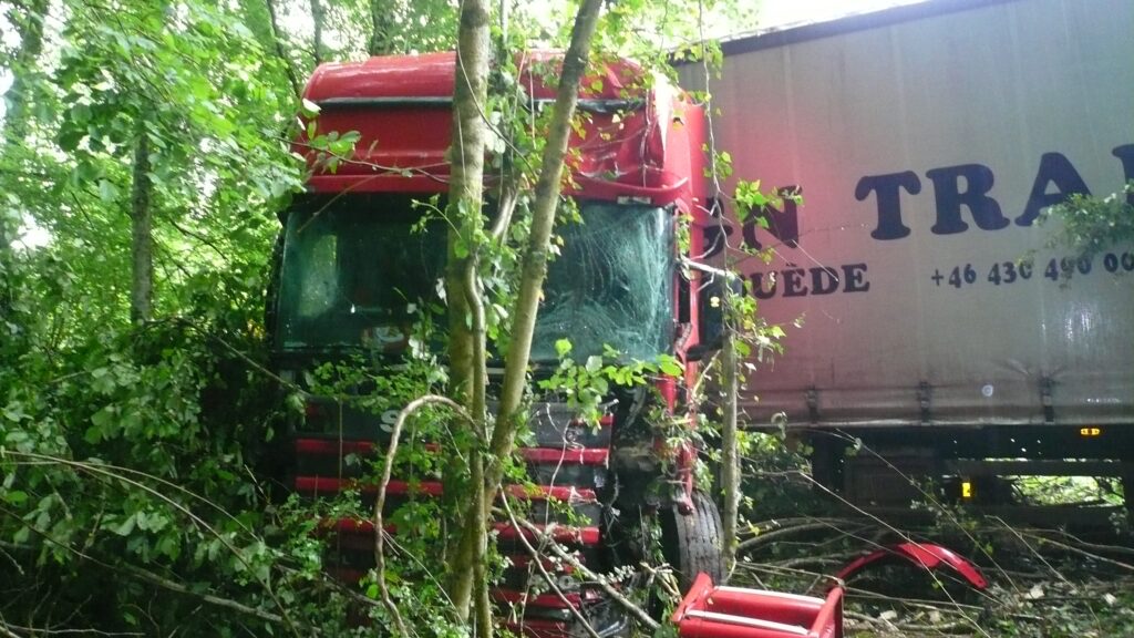 Poids lourd en accordéon dans un arbre